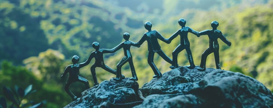 Figurines join hands and conquer a mountain as a symbol of unity and teamwork