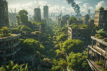 Obraz premium Thriving Flora in a Dense Urban Landscape Amidst Apocalyptic Scenery