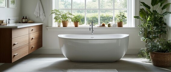 Fototapeta premium Modern Bathroom Serenity: Freestanding Tub and Lush Greenery