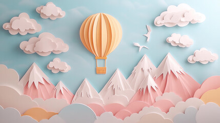 Paper Craft Hot Air Balloon Soaring Over Pastel Mountains and Clouds
