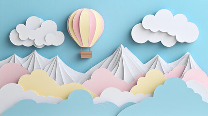 Pastel Papercraft Hot Air Balloon Floating Over Paper Mountains and Clouds