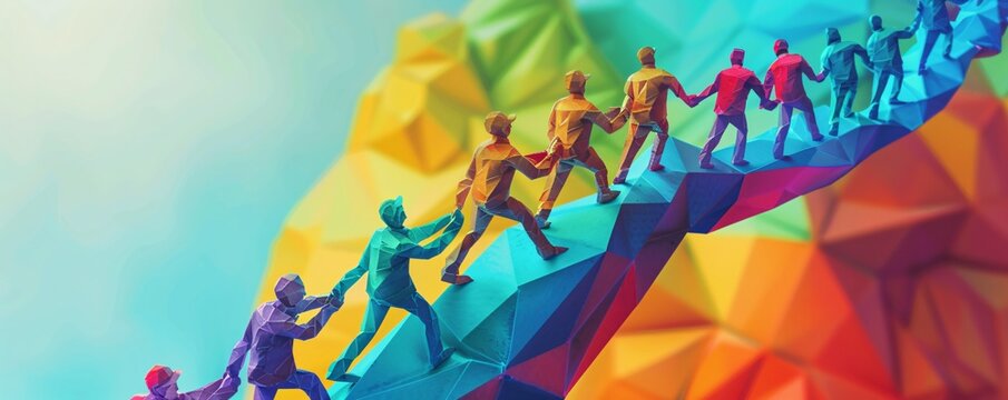 3d illustration of a team of businesspeople holding hands and helping each other to climb up a colorful low poly wall