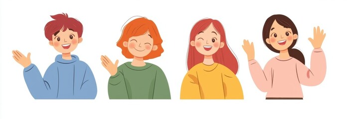 Cartoon children with a white background, in a cute cartoon style Four people, sitting and standing in front of a wall, smiling happily and waving their hands to say hello Generative AI