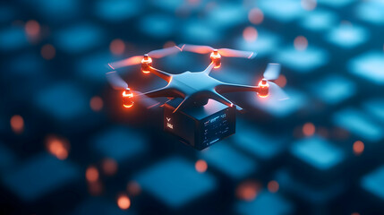 A futuristic drone with glowing lights hovering above a digital landscape, showcasing innovation and technology.
