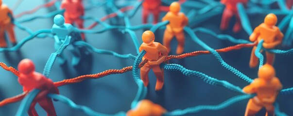 People figurines pulling ropes showing a complex network of connections