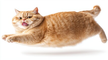 A fluffy orange cat appears to be leaping mid-air, showcasing a playful and energetic demeanor.