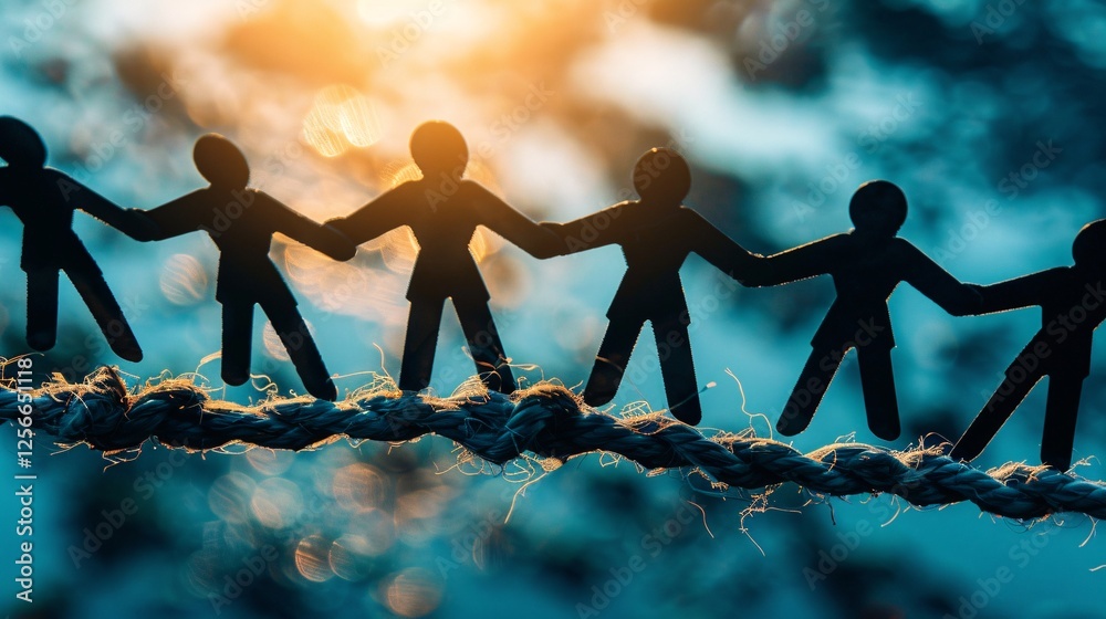 Poster paper chain people holding hands balancing on a rope at sunset, symbolizing teamwork and unity