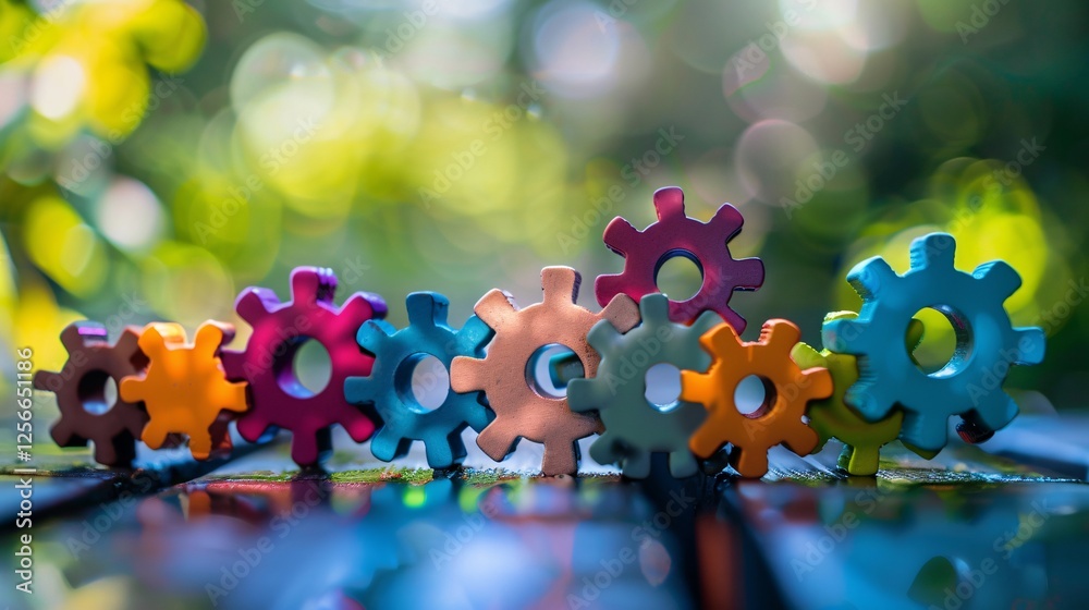 Aufkleber Line of vibrant gears is arranged on a mirrored surface, symbolizing the idea of collaboration