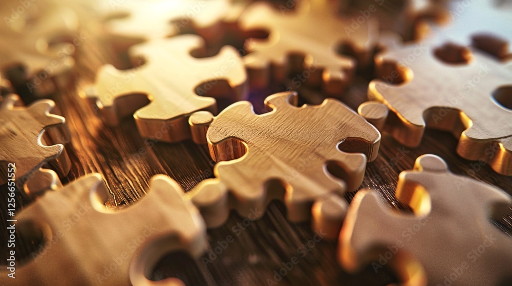 Poster Teamwork and problem solving represented by assembling a wooden puzzle on a table