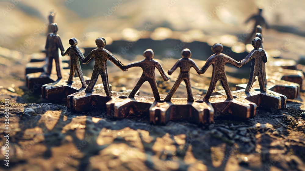 Poster metallic figurines on cogs, standing together and holding hands to symbolize teamwork and collaborat