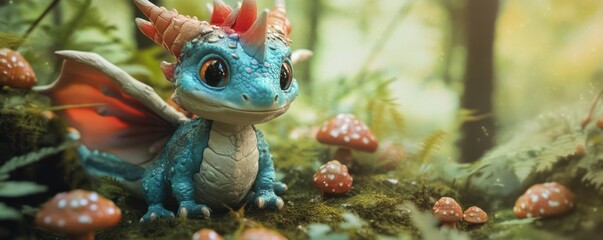 Cute blue baby dragon in enchanted forest with mushrooms