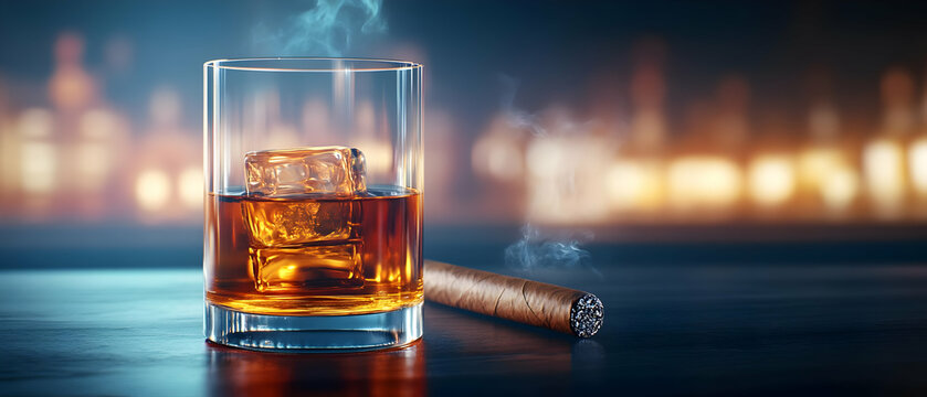 A glass of whiskey with ice and a cigar, set against a blurred bar backdrop, evoking a sophisticated vibe.