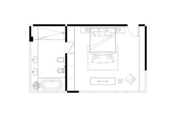 2 dimension of bedroom with bathroom plan of modern layout design, lines black on white background, isolated. Set 2
