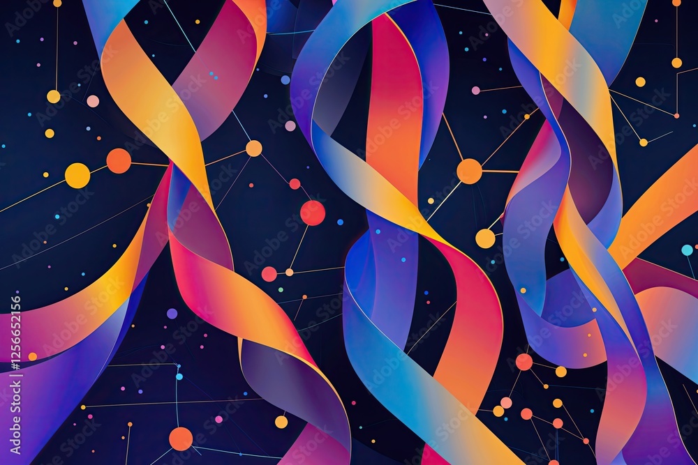 Poster innovative abstract digital design featuring ribbons and points for enhanced future data integration