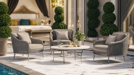 Fototapeta premium Luxury Outdoor Patio Furniture Set by the Pool