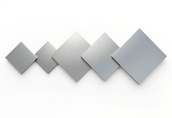 Five interlocking silver rhombus shapes arranged in a staggered pattern against a white background. Minimalist geometric design with subtle shading.
