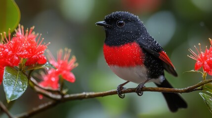 Fototapeta premium A Vibrant Bird of Paradise Perched on a Branch Surrounded by Dew-Kissed Flowers in a Lush Green Space, Capturing Nature's Beauty