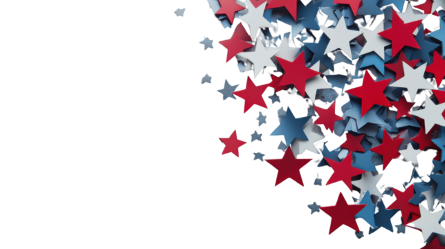 Red white and blue falling stars on transparent background
