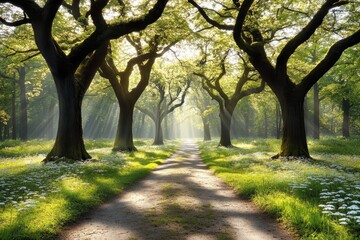 Fototapeta premium Sunbeams Through Spring Trees, Serene Forest Path, Tranquil Nature Background, Sunlight in Woodland