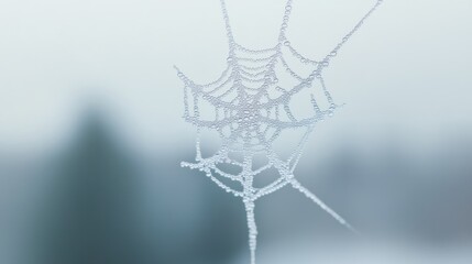 Frozen spiderweb, winter forest, frosty morning, nature macro
