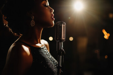 Elegant african woman singing in glittering dress with vintage microphone under dramatic spotlight of a dimly lit stage