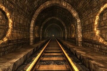 Naklejka premium Dark stone tunnel with glowing symbols and train tracks extending into the distance
