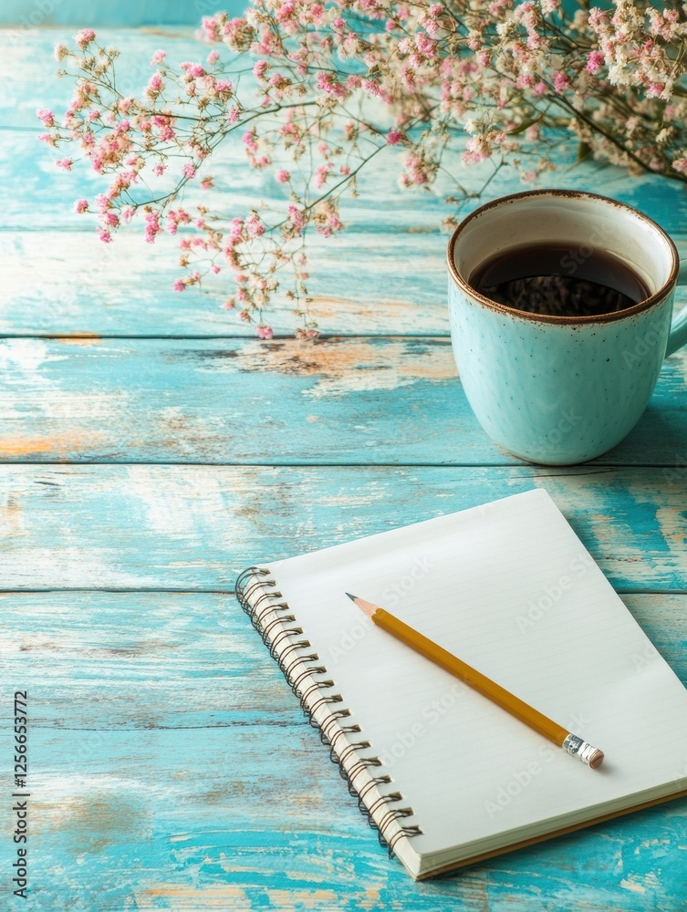 Poster open notebook and pencil on bright wooden table with coffee cup and flowers in a sunny workspace. ge