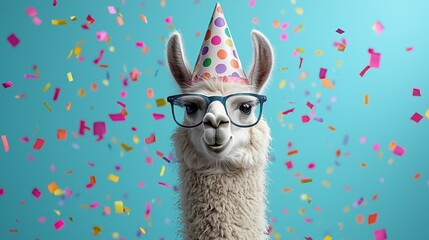 A llama wearing a party hat and glasses amidst colorful confetti.