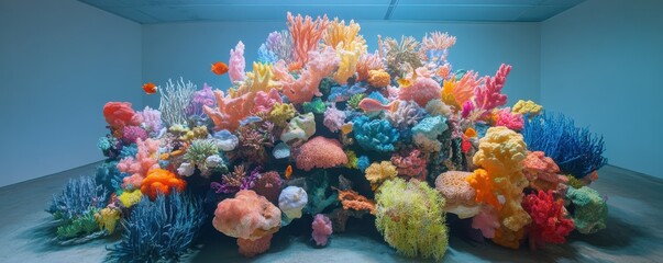 Vibrant coral display in underwater exhibit with colorful marine life
