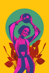 Art image vertical photo collage of happy girl hold disco ball nostalgia party leaves relax event club chill occasion music