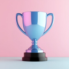 Shiny trophy with glossy blue finish on black base against pink background, symbolizing achievement and success