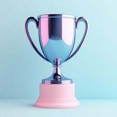 Shiny trophy with glossy blue finish and pink base, symbolizing achievement and success