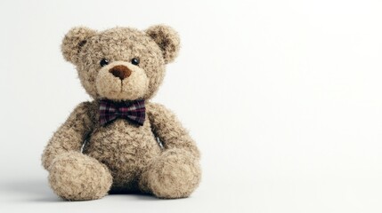 Obraz premium Cute teddy bear sitting, white background, child's toy, studio shot