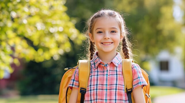 Portrait of a happy schoolgirl with a backpack going to school on a sunny day