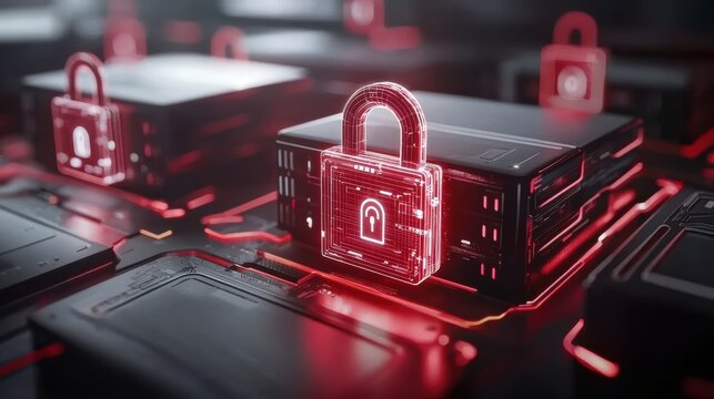 A digital representation of secure servers with glowing red padlocks, symbolizing data protection and cybersecurity.