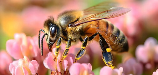 Fototapeta premium Honeybee collecting pollen on clover flower, macro nature photography
