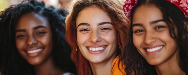 Smiling friends: young females of mixed races enjoying a happy moment together