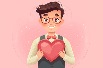 Cheerful young man holding a large heart-shaped symbol against a soft pink background with sparkles
