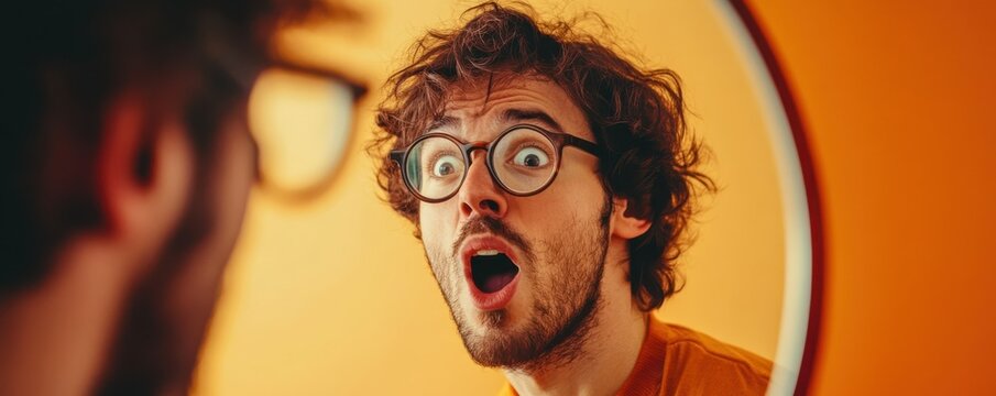Surprised young caucasian male with glasses looking in mirror
