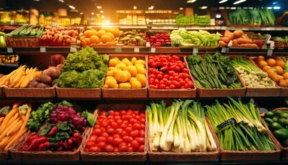 Obraz premium Defocused Fresh produce display with vibrant vegetables at a grocery store in the afternoon light