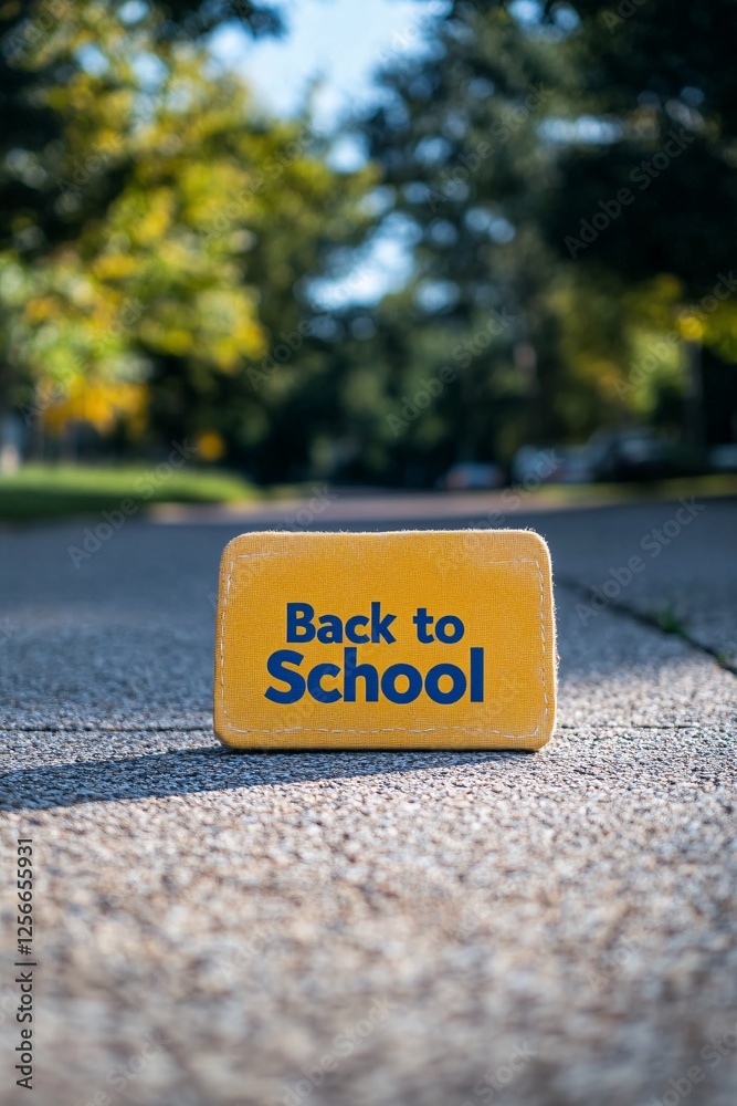Poster back to school sign in yellow, placed on a sidewalk with trees in the background