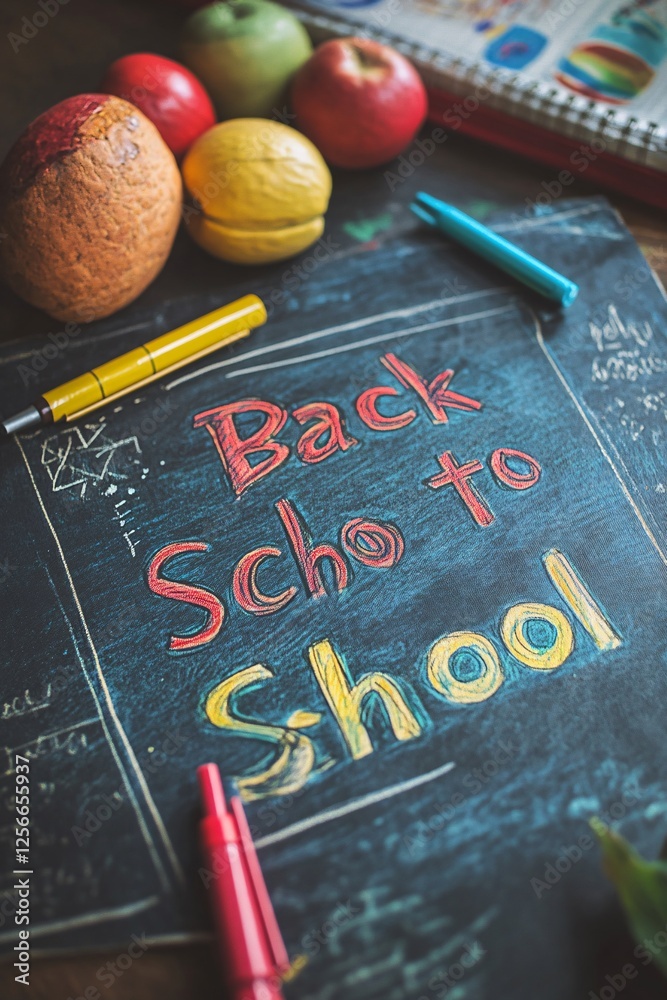 Aufkleber back to school concept with colorful markers and healthy snacks on a blackboard for a student