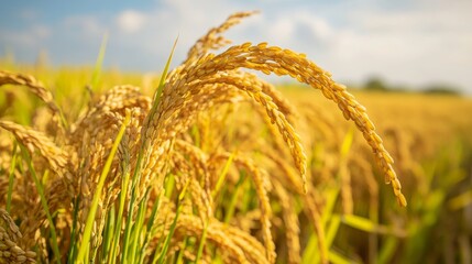 Golden rice fields in autumn, ready for harvest. Emphasizing the seasonal beauty and agricultural bounty. Ideal for agricultural magazines and nature photography.