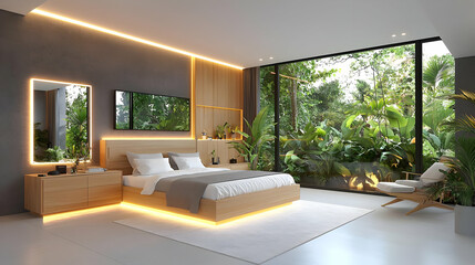 Fototapeta premium Modern bedroom, jungle view, relaxing ambiance, interior design