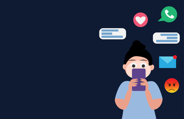 People using smartphones flat vector illustration romm for text, space text. Women with cellular devices cartoon character. Mobile internet, social media, addiction Modern communication technology.