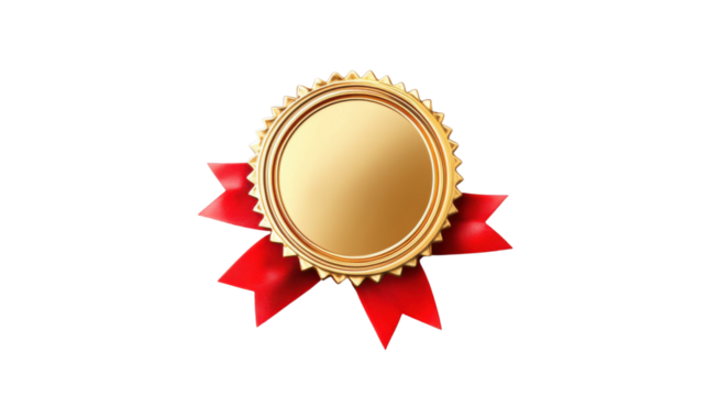 Golden seal with red ribbon showing quality assurance on transparent background
