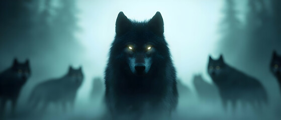 A pack of mysterious wolves shrouded in mist, their glowing eyes pierce the fog. Nature's wild beauty captured.