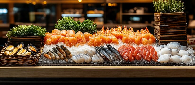 Fresh sushi display featuring a variety of seafood on ice in a vibrant restaurant setting