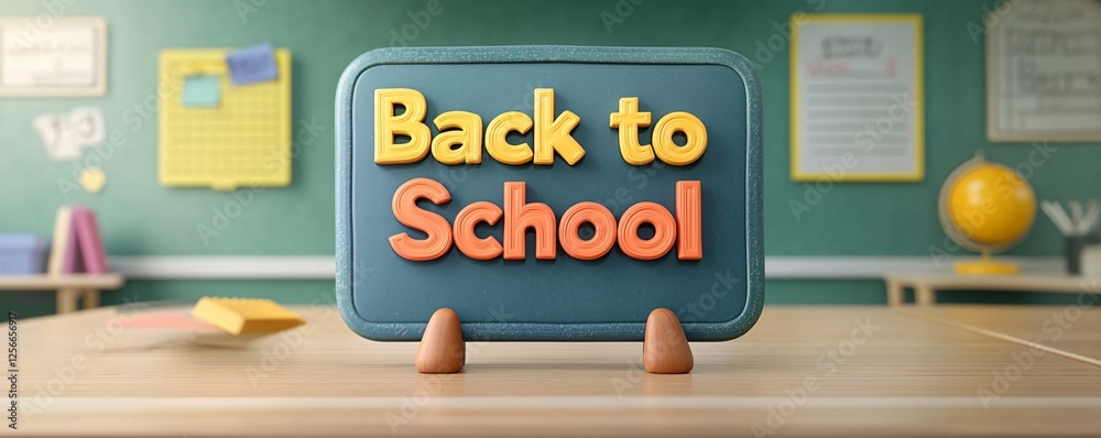 Poster 3d rendering of a back to school sign placed on a classroom desk