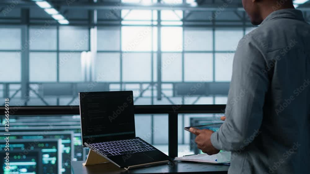 Poster admin arriving in data center, using artificial intelligence tech on tablet and laptop. man in serve